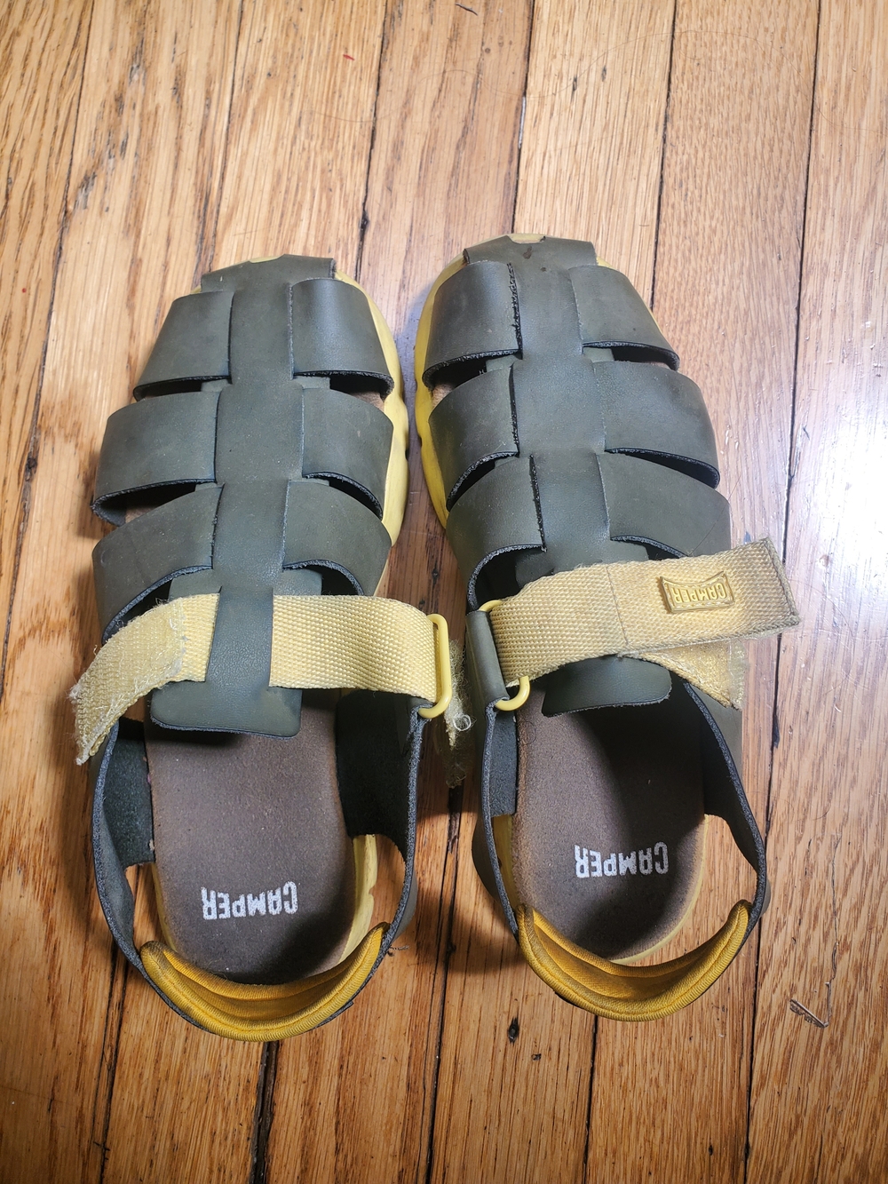 Camper Kids Olive and Yellow Fisherman Sandals